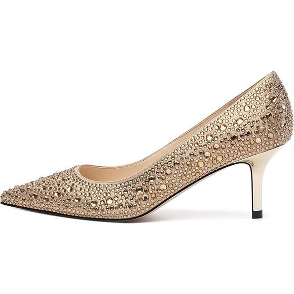 Justvindo Womens Size 8.5 Gold Satin Rhinestone 2.5" Heel Closed Point Toe Shoes - Picture 2 of 7